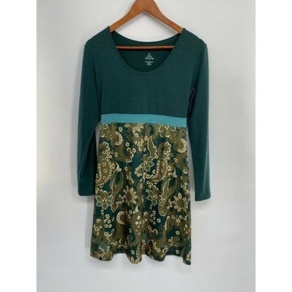 Prana Women's Green Floral Long Sleeve Dress size SMALL  Scoop Neck Stretch - Picture 1 of 4